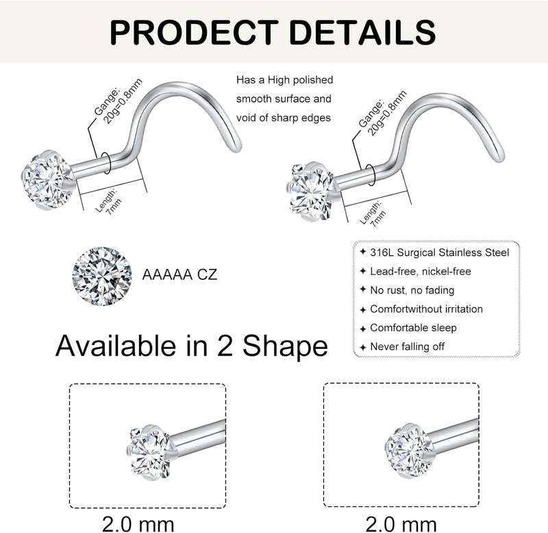 XoCiuKe 10Pcs 20G Nose Rings Studs for Women Corkscrew Sliver Nose Studs Hypoallergenic Nose Rings 316L Surgical Stainless Steel Nose Nostril Percing Jewely for Women Men Round Square CZ Imitation Diamond 1.5mm/2.0mm/2.5mm/3.0mm - Image 2